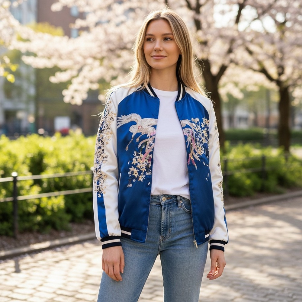 Opening‎ Ceremony Reversible Bomber Jacket Blue Silver Crane Floral Embroidered